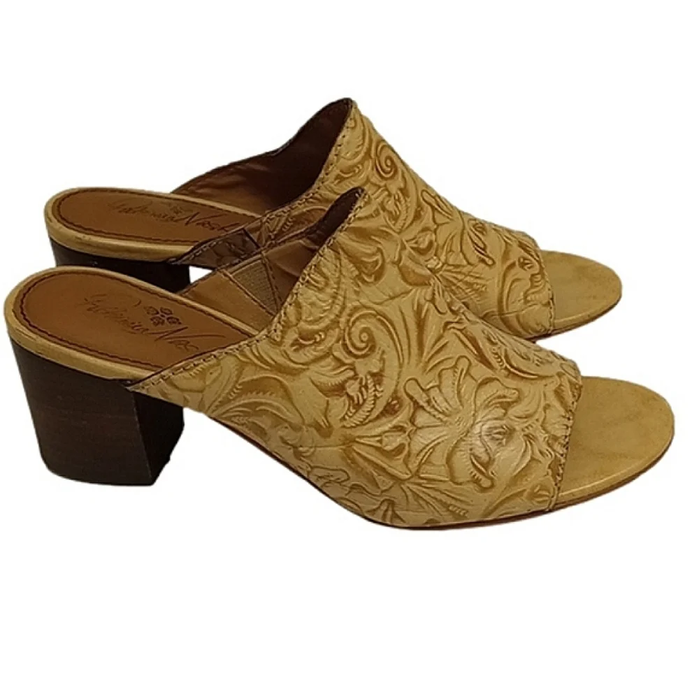 PATRICIA NASH TAN LEATHER OPEN TOE MULE HEEL SHOES WITH TOOLED FLORAL DE… - Picture 6 of 15